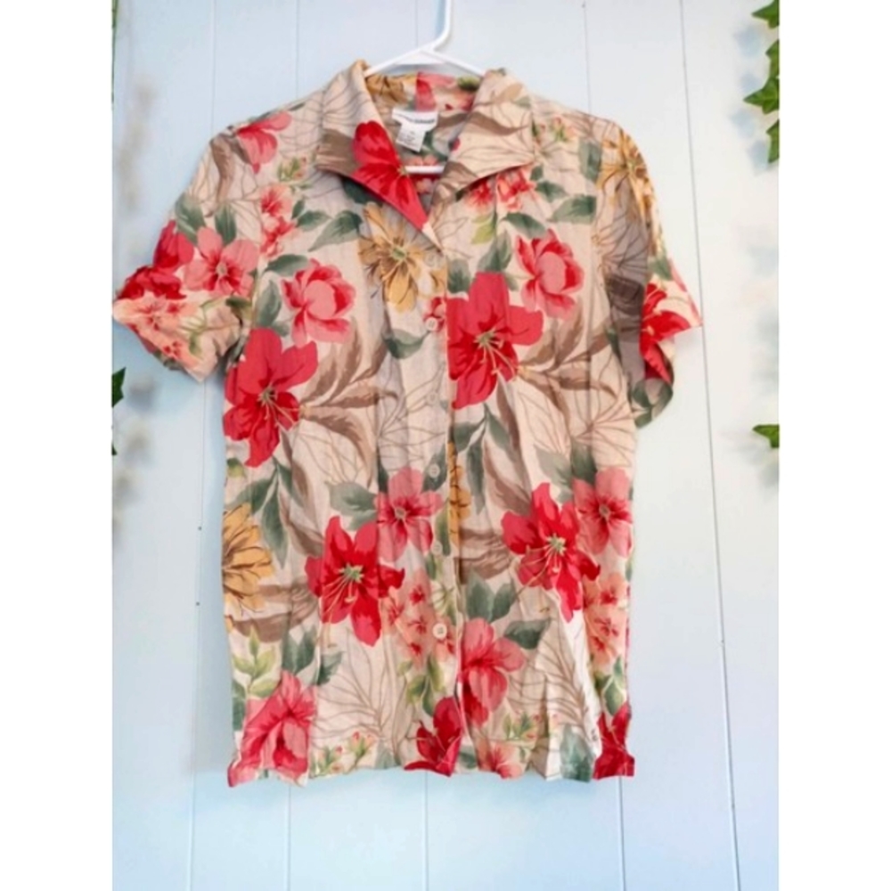 Vintage Alfred Dunner Rayon Linen Tropical Shirt Granny Chic Button Up Floral